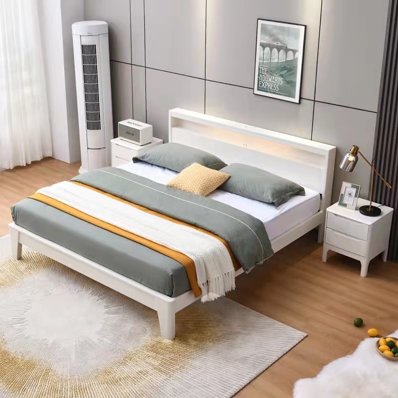 Nordic Quanshu Bed White Modern Simple 1.8m Double Master Bedroom 1.5m Small Single Wooden Bed Size