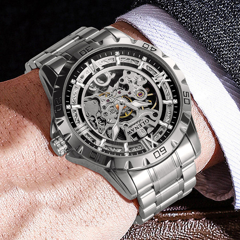 Đồng hồ nam thép không gỉ automatic lộ máy Glenn — Thắt lưng thép vàng 8718, Thắt lưng thép bạc 8718