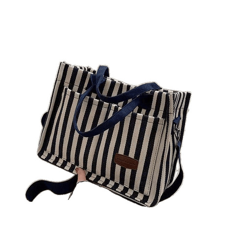 2024 New Women's Bag Trendy Commuter Large Capacity Striped Canvas Crossbody Bag Fashion Hand-held Tote