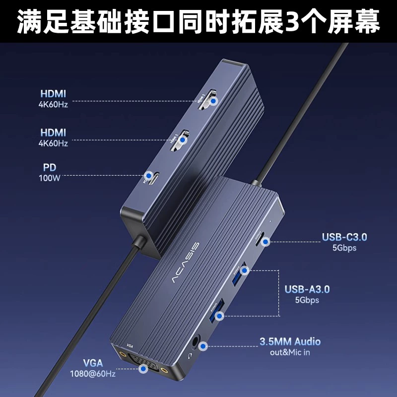 Тип-аксис USB-C док-станция один к восьми VGA гигабитный сетевой порт PD четыре экрана раздельный дисплей ноутбук