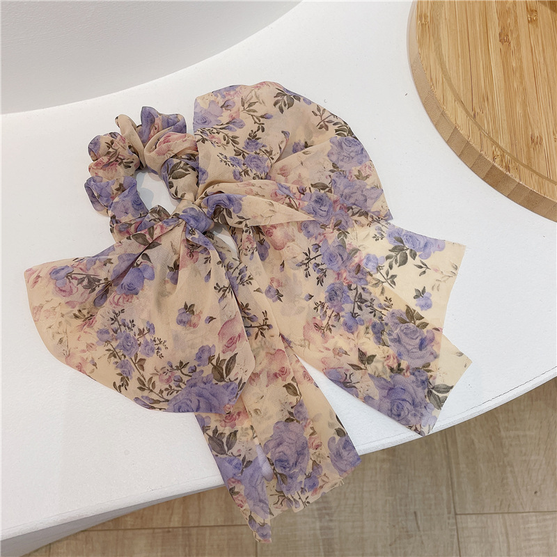 South Korea Dongdaemun Bowknot Large Intestine Streamer Hair Tie Imported Chiffon Rubber Band Floral Fairy Sausage Ring Super Fairy Internet Celebrity