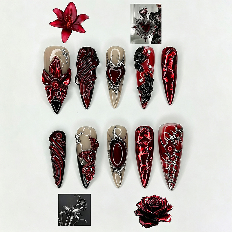 European and American cross-border personalized nail stickers, spicy girl long pointed fake nails, press-on wearable nails, gothic style nail stickers