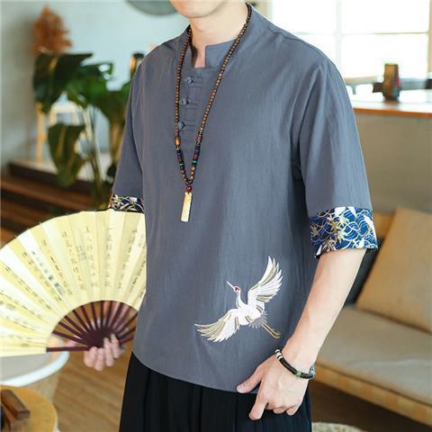 Camiseta de estilo chino para hombre verano fino grulla bordada de algodón y lino camiseta de manga corta para hombre con hebilla suelta de cinco puntos y media manga para hombre
