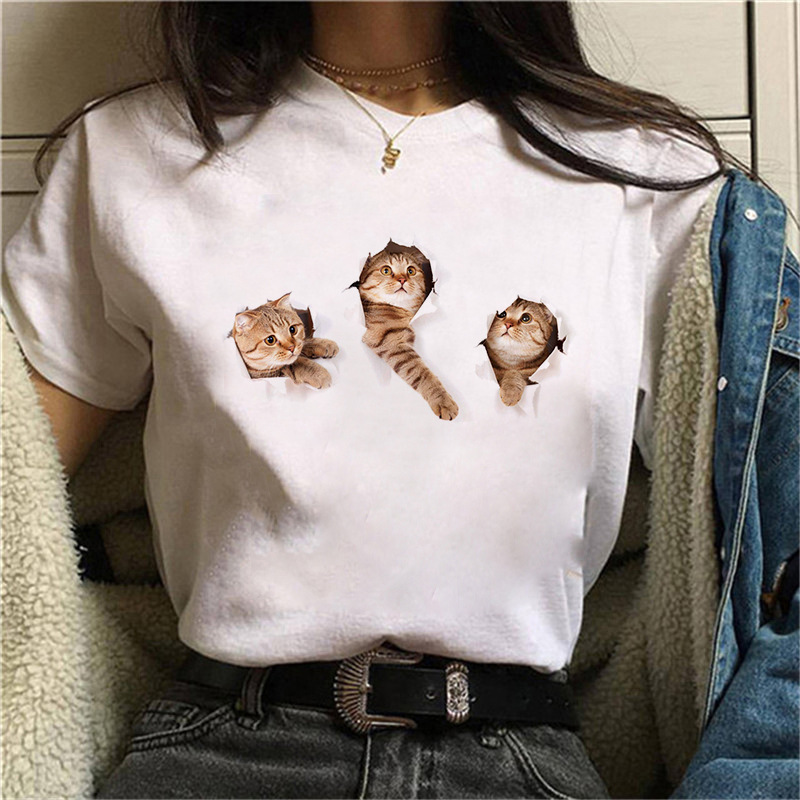 Cute Cat Prints camiseta con cuello redondo NSATE60906