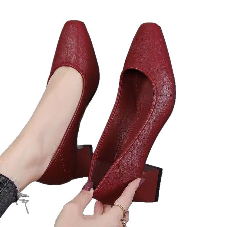 Zapatos de cuero de talón medio grueso para mujeres 2025, primavera nuevo estilo de zapatos de cabeza cuadrada para mujeres, zapatos de trabajo de cuero suave de talón suave