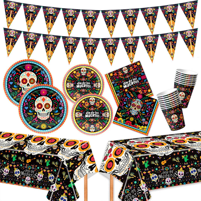 Cross-Border Hot-Selling Mexican Day of the Dead Themed Party Decorations, Skull Tableware, Paper Plates, Flags, Holiday Party Supplies