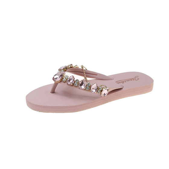 2023 Summer New Rhinestone Belt Chain Flip-Flops Women's Outwear Instagram Style Slippers Flat Sandals for Beach Vacation