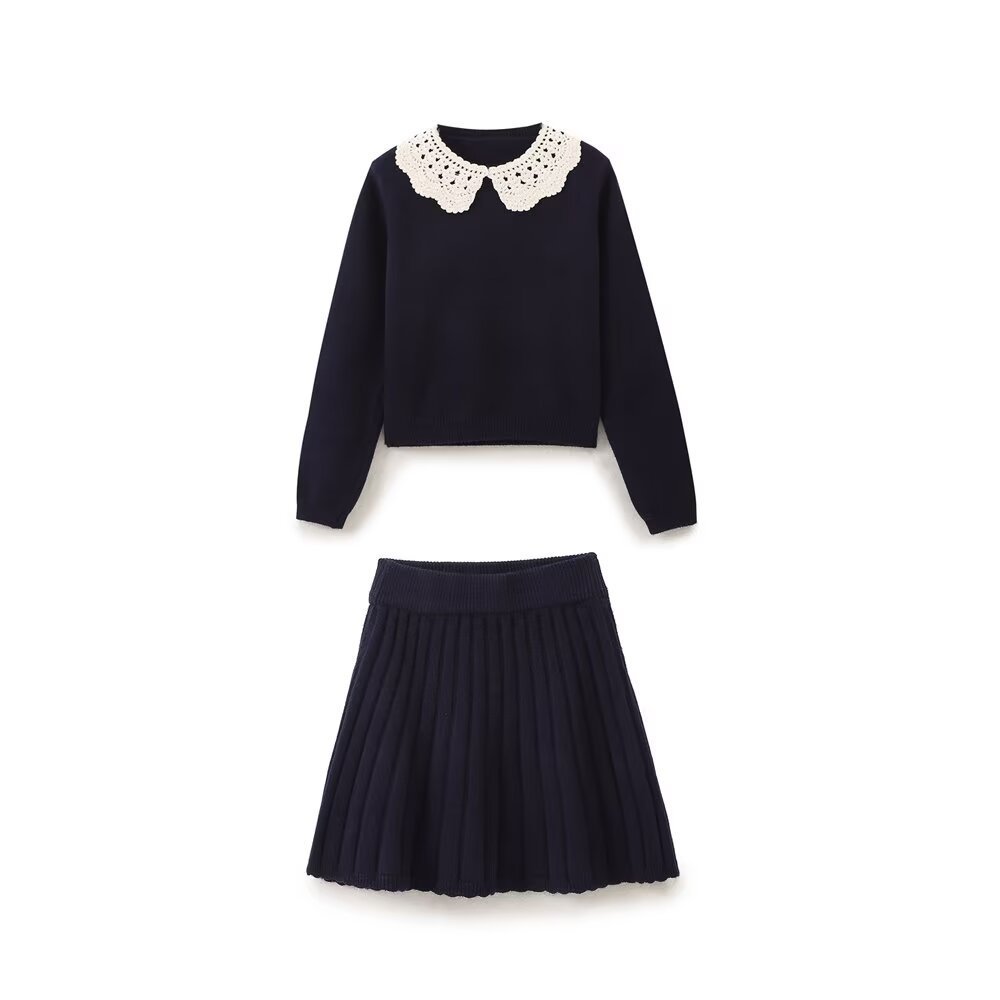 Women's clothing 2024 autumn new item contrasting color crochet collar knitted top short skirt set_voghion.com