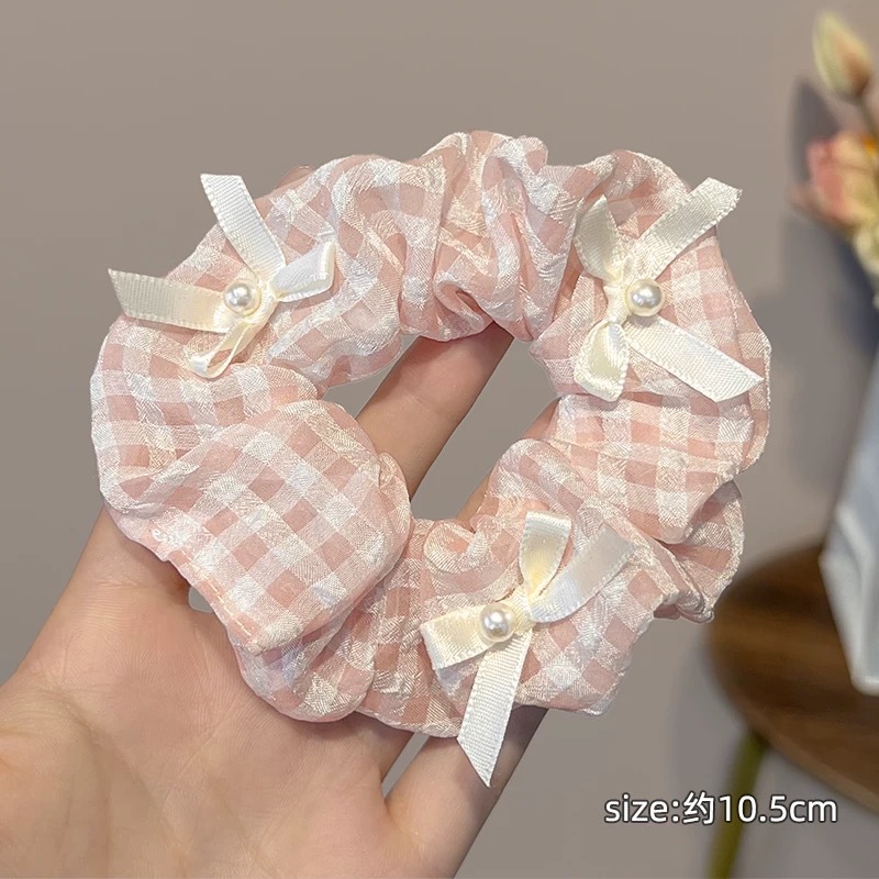 73#Pink plaid three pearl bows about 10cm
