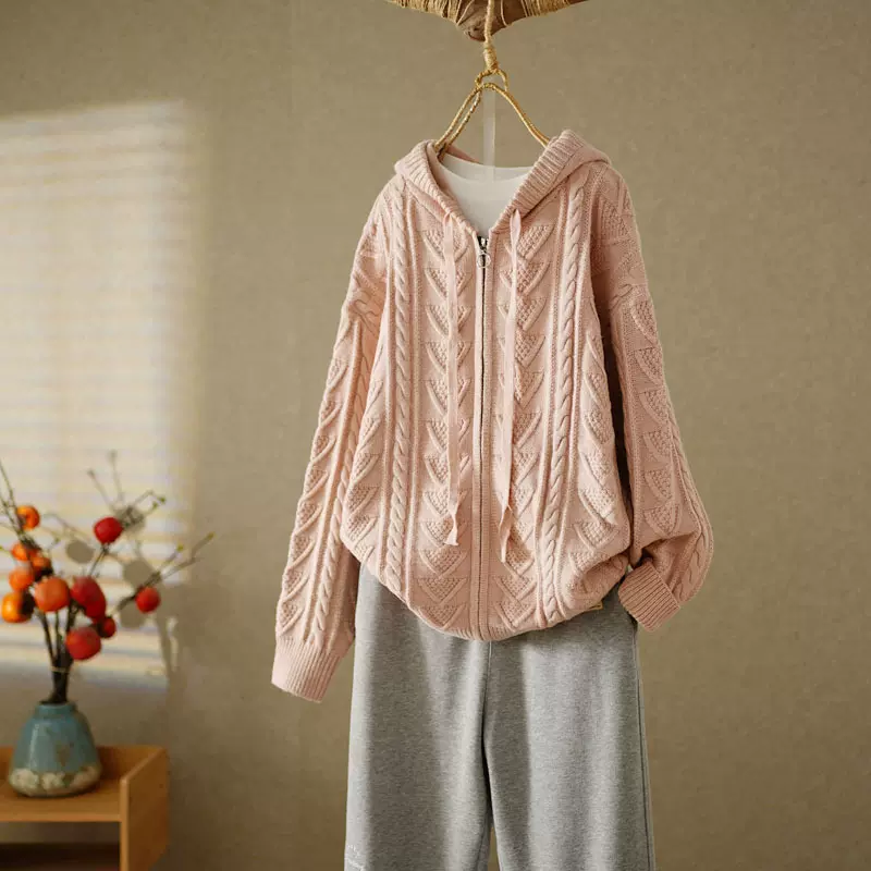 韩版复古麻花抽绳连帽针织衫女跨境秋冬新款宽松拉链开衫毛衣外套