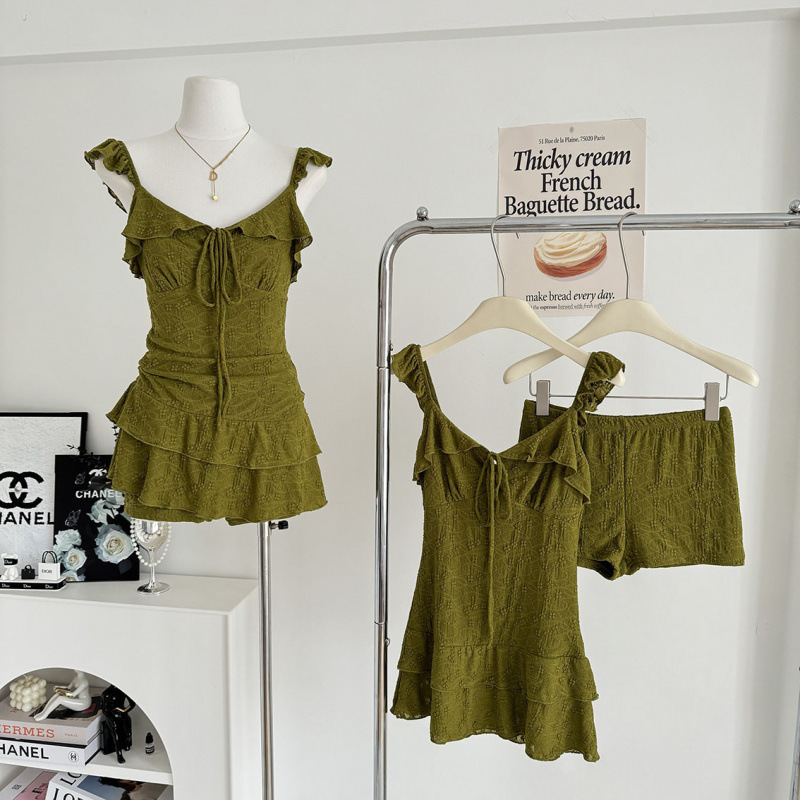 Schnei Matcha Forest Ruffled Lace Strap Dress with Safety Shorts for Women Spring/Summer A-Line Dress