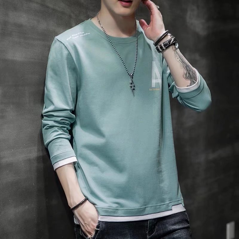 Camiseta de manga larga de primavera y otoño nueva juventud falso de dos piezas Camiseta estilo coreano estudiante camisa de fondo ropa superior de los hombres de moda