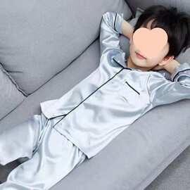 儿童睡衣男童夏季薄款真丝绸男孩小孩春秋冰丝中大童长短袖家居服