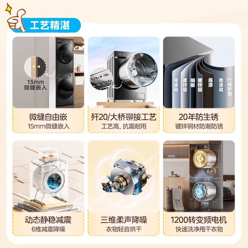 Стирально-сушильный комплект Midea 10 кг, стиральная машина с инвертором и тепловым насосом, модель MG100V36TMH + 100VH36T