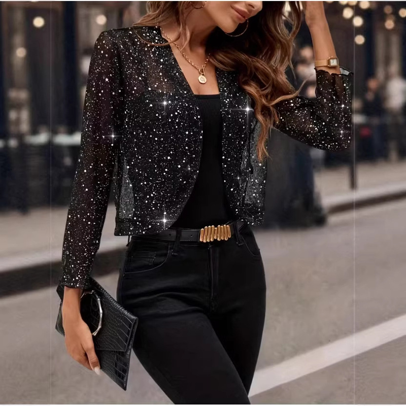 2026 European and American Cross-Border Independent Site Women's Long-Sleeve Thin Breathable Glitter Sequin Cardigan Jacket 2026 European and American Cross-Border Independent Site Women's Long-Sleeve Thin Breathable Glitter Sequin Cardigan Jacket