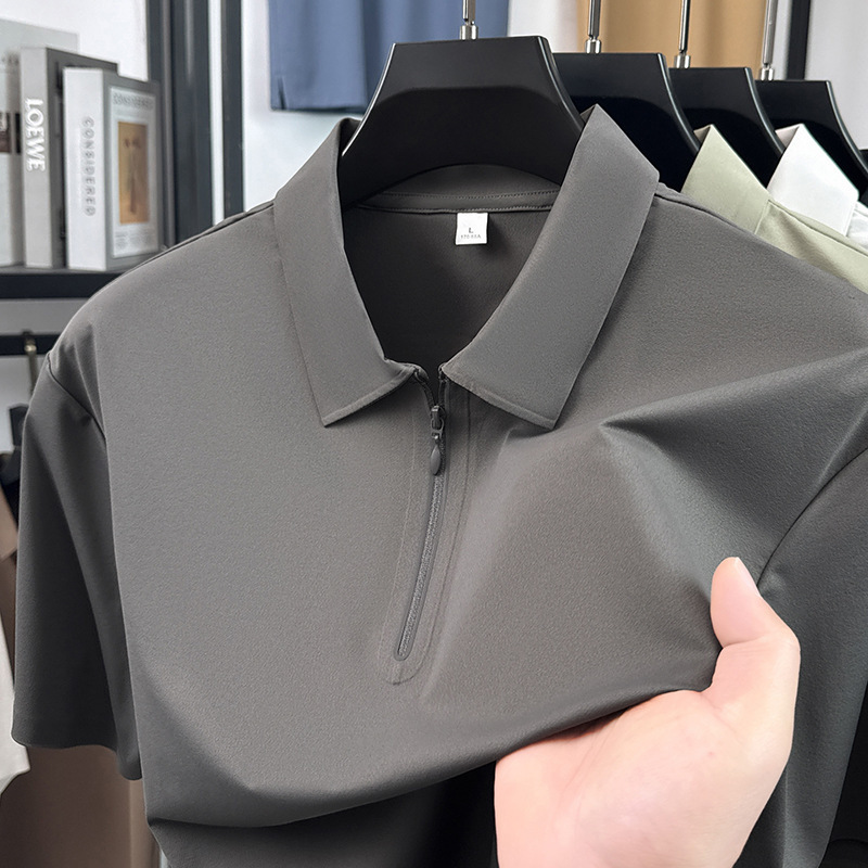 Ice Silk Short-Sleeved Seamless Polo Shirt for Men, Summer Lapel Half-Zip Solid Color Outdoor Sports Cool and Breathable T-Shirt Ice Silk Short-Sleeved Seamless Polo Shirt for Men, Summer Lapel Half-Zip Solid Color Outdoor Sports Cool and Breathable T-Shirt
