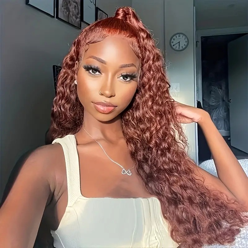 Women's Wine Red Front Lace Wig New Style Fluffy Natural Small Curls Full Head Synthetic Hair Extension_voghion.com