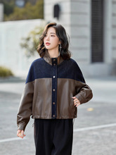 海宁绵羊皮皮衣牛仔拼接时尚女士短款外套港风宽松上衣秋冬夹克