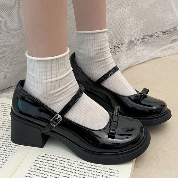 Retro summer brown Mary Jane shoes heels with bow English style