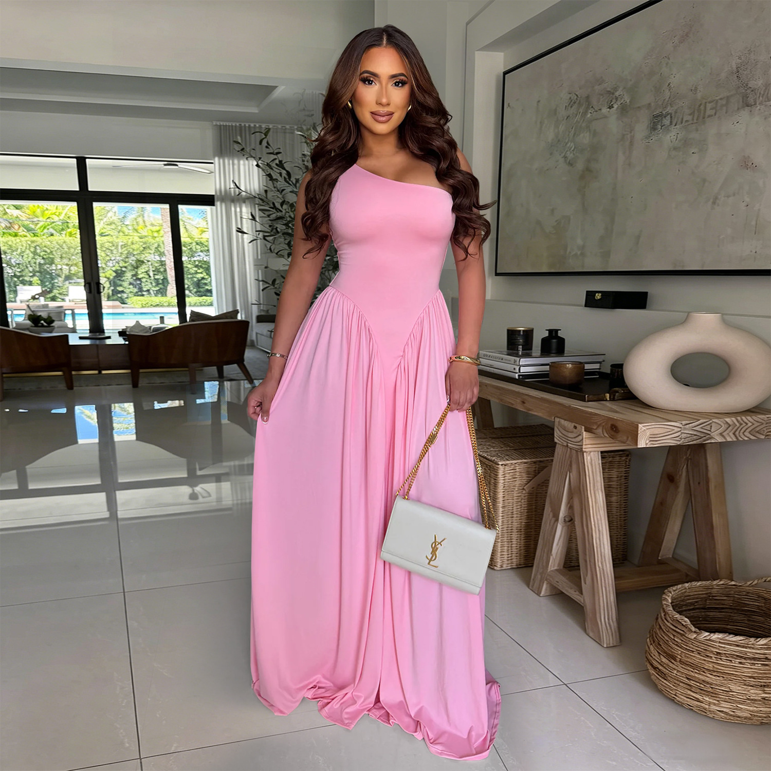 C7680 Aliexpress transfronterizo Amazon Europa y América moda de mujer temperamento cintura reducida espalda delgada vestido de hombros inclinados