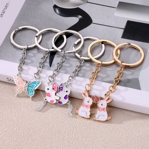 Cross-border new metal key chain cartoon cute rabbit creative key chain bag hook decoration couple set