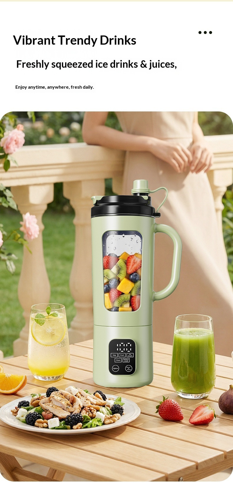 Tragbarer Entsafter mit Touchscreen-Display, USB-Ladung, tragbarer Smoothie-Mixer für Zuhause, 8-Messer-Schneidwerk, Eiskrusher-Funktion