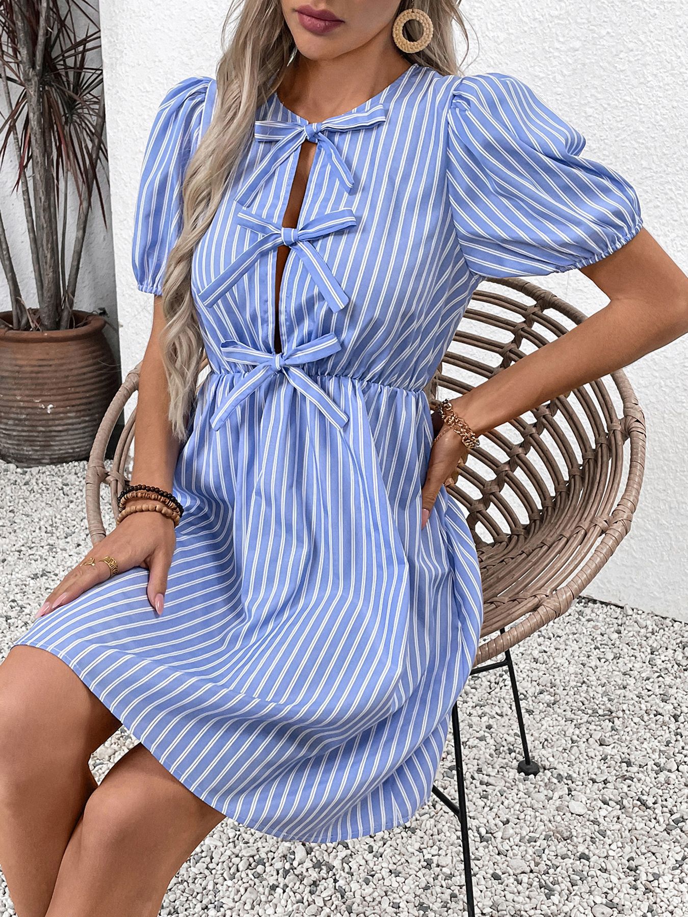 Summer Striped Dress round Neck Bowknot Lace up Dress 8 Summer Striped Dress round Neck Bowknot Lace up Dress