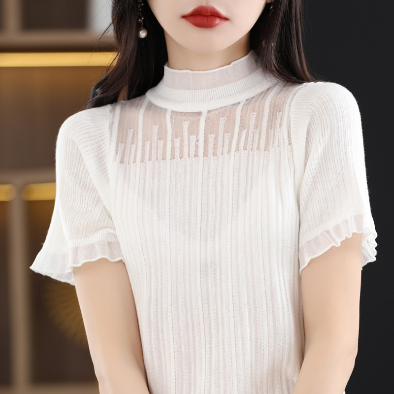 Half-High Lace Collar Hollow-Out Ruffle Edge T-Shirt Short Sleeve 2026 Spring and Autumn Top Slimming Undershirt Short Sleeve