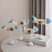 地中海装饰摆件木质对鱼摆设海洋风格亲嘴鱼形桌面电视柜书架饰品