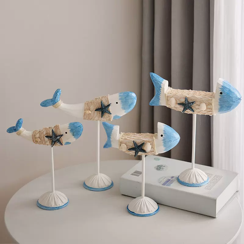 地中海装饰摆件木质对鱼摆设海洋风格亲嘴鱼形桌面电视柜书架饰品