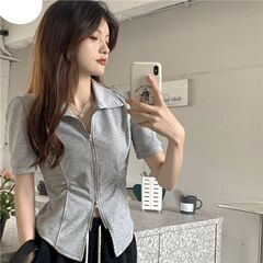 デザイン感小衆ファスナーpolo襟半袖tシャツ女性2025夏ギャル不規則に痩せた短い上着