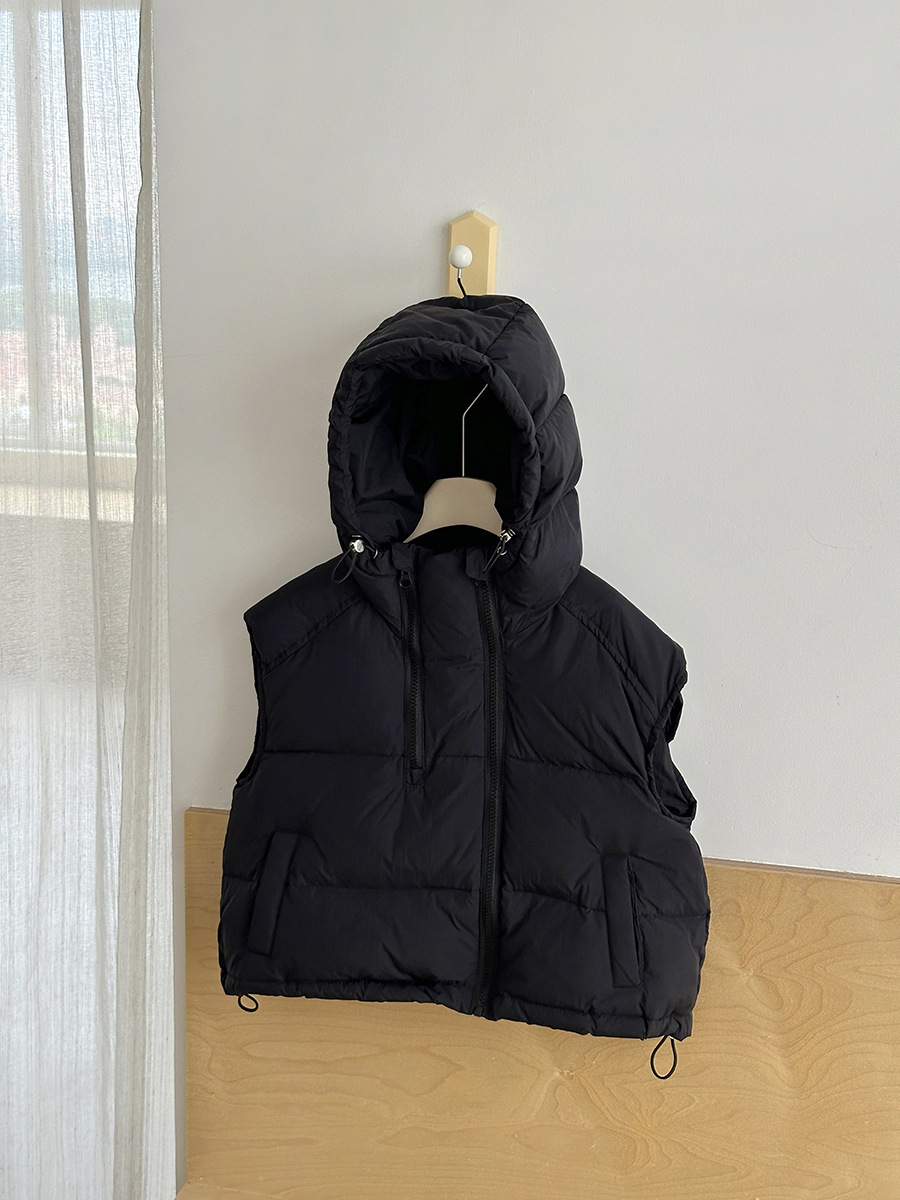 Chaleco con capucha para niños fuera de temporada, estilo otoño e invierno, versión coreana cálida, chaleco corto con doble cremallera.