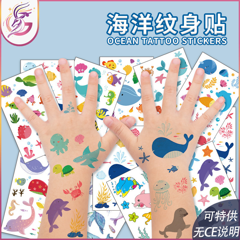 Ocean Tattoo Sticker Print Children's Cartoon Dolphin Whale Waterproof Disposable Temporary Sticker Trendy and Cute