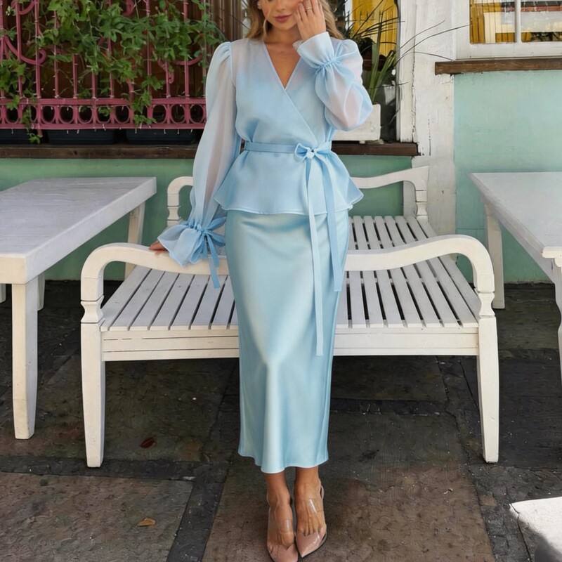Cross-Border 2026 European and American Spring/Summer New Independent Brand Women's Lace-Up Shirt Blouse Satin Slim-Fit Dress Set