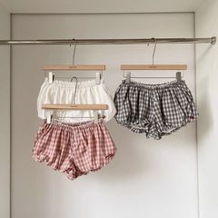 复古格纹减龄松紧腰花苞裤女夏季2025年新款韩系甜美时尚阔腿短裤
