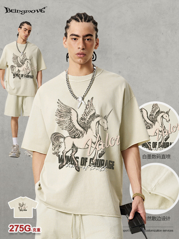 Calle secada| Verano estilo americano retro calle Pegasus unicornio impresión de manga corta marca de moda camiseta de hombro suelta