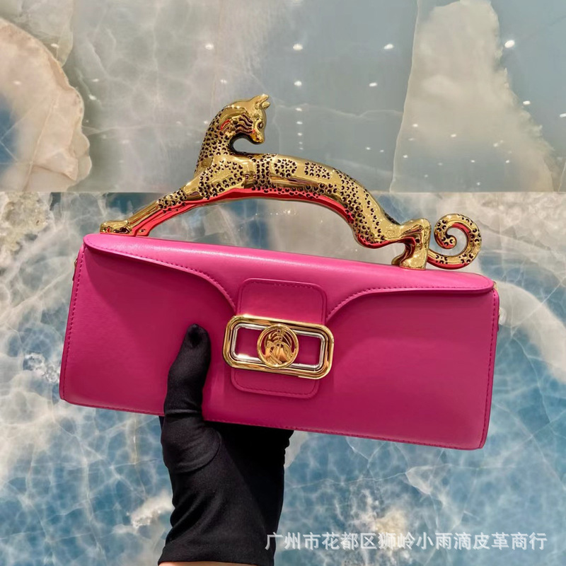 Big Brand Women's Bag Gift Leopard Bag Handle Genuine Leather Shoulder Bag Banquet Personalized Satchel Cat Bag High-End Small Square Bag