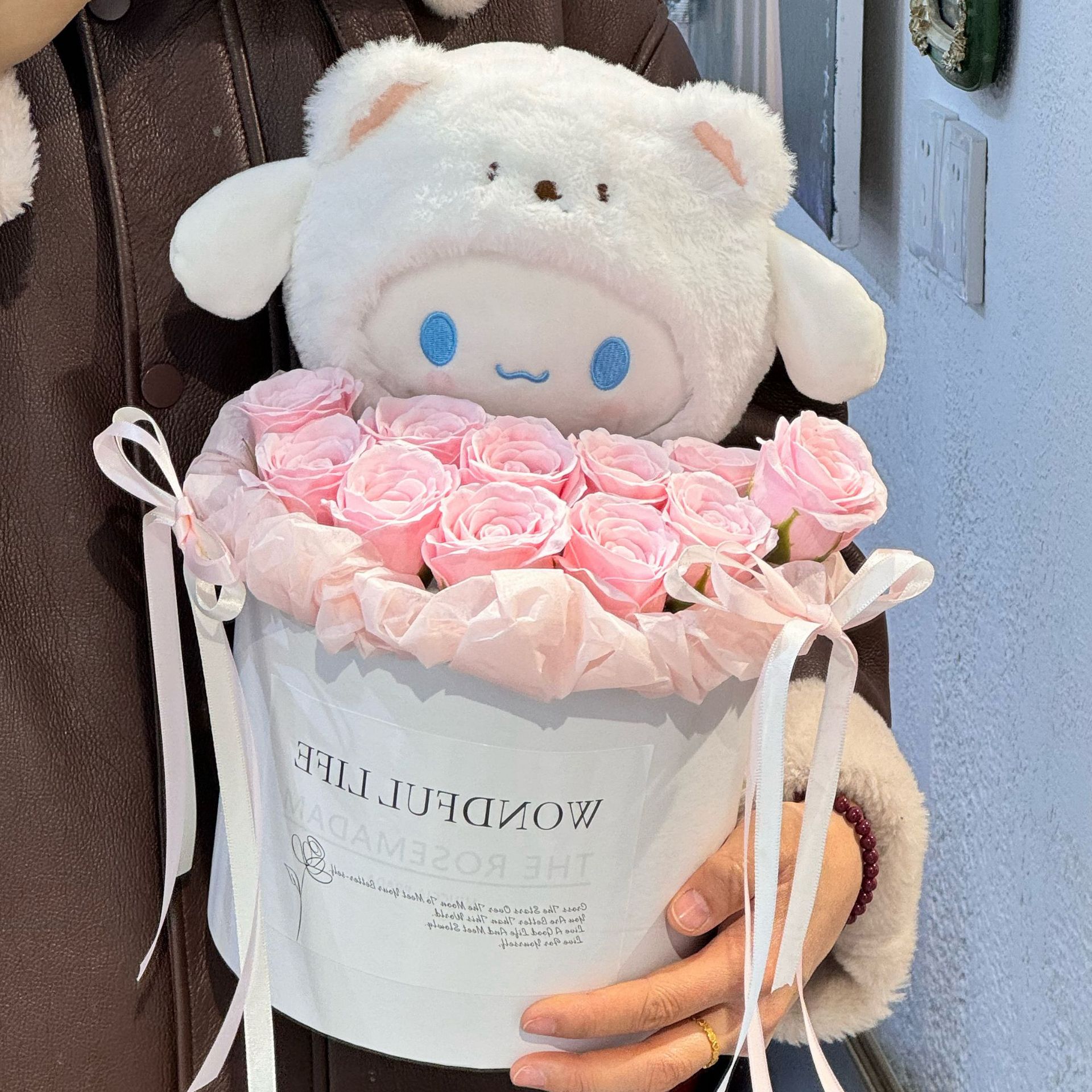 11 핑크 리치 포옹 버킷 꽃다발 화이트 베어 옥 GUI 개 [선물 가방]