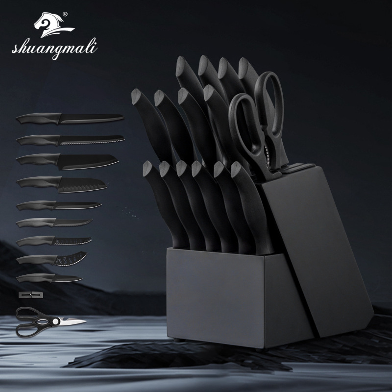 Traje de cuchillo transfronterizo cuchillo de cocina de acero inoxidable 17 piezas cuchillo de hoja negra conjunto cuchillo de registro titular de pintura en aerosol conjunto de cuchillos