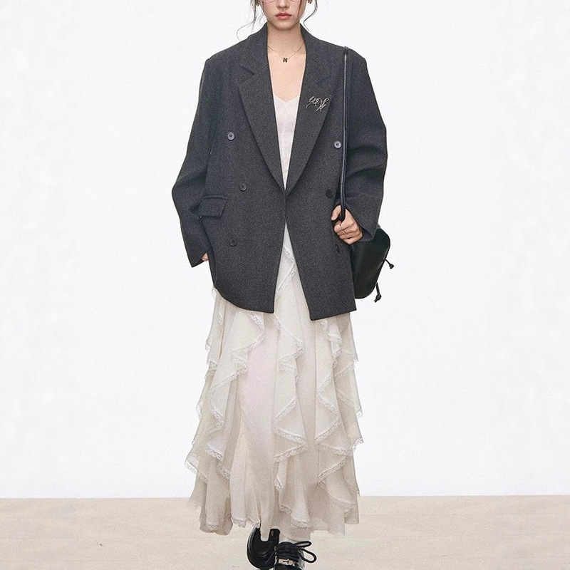 High-End Woolen Blazer for Women + Designer Long Skirt White Dress