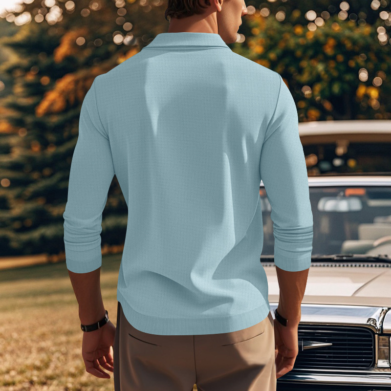 Podzimní a zimní americké pánské tričko s dlouhým rukávem, tenký střih, vaflový styl, slim fit, klopový pletený svetr pro muže_voghion.com