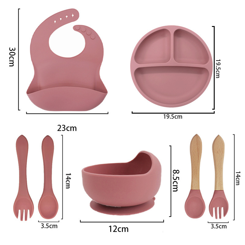 Vajilla para niños Juego de silicona de 5 piezas Juego de ventosas para madres y bebés Tazón de alimentos complementarios Babero Tenedor Cuchara Spot transfronterizo resistente a caídas