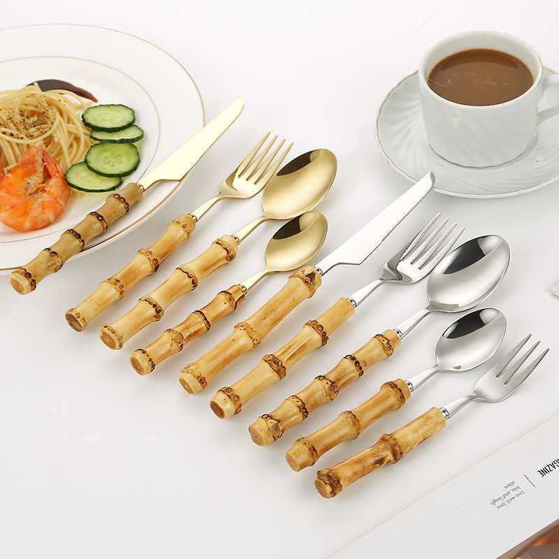 Solid Wood Bamboo Handle Knife and Fork Spoon Set 304 Stainless Steel Bamboo Handle Tableware Retro Internet Celebrated Spoon Fork Steak Knife and Fork Solid Wood Bamboo Handle Knife and Fork Spoon Set 304 Stainless Steel Bamboo Handle Tableware Retro Internet Celebrated Spoon Fork Steak Knife and Fork