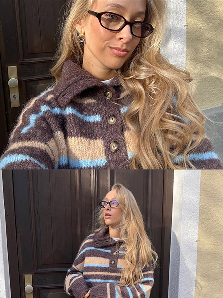 Nicho de diseño de moda con solapa suéter a rayas de manga larga 2025 nuevo otoño y invierno transfronterizo estilo europeo y americano