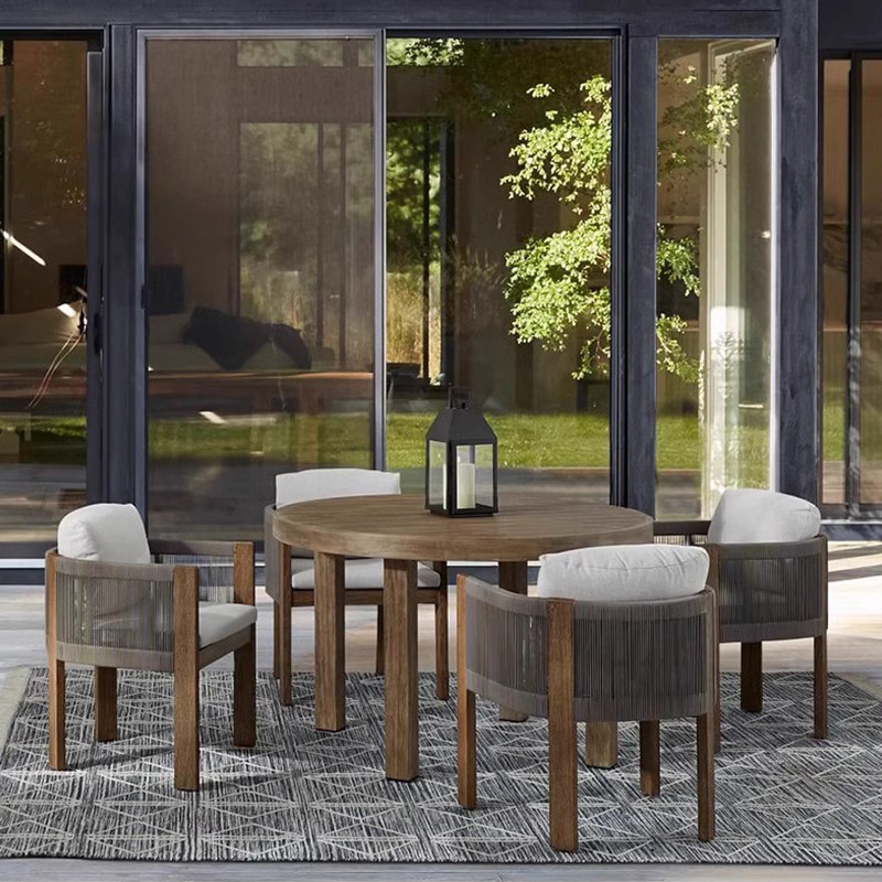 Mesa y silla de teca al aire libre jardín al aire libre patio ocio madera maciza impermeable y protector solar nórdico silla de ratana muebles combinados