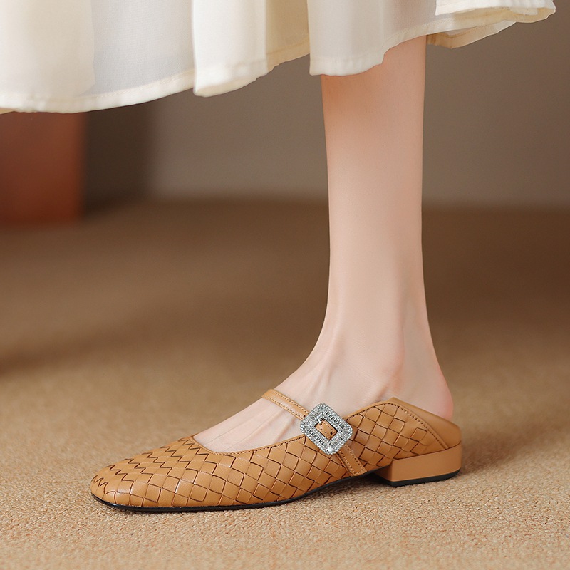 Retro autumn woven Mary Jane shoes low-cut square toe with…