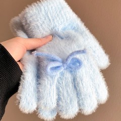 毛绒针织手套女秋冬季韩系可爱蓝色蝴蝶结加绒保暖防寒分指毛茸茸