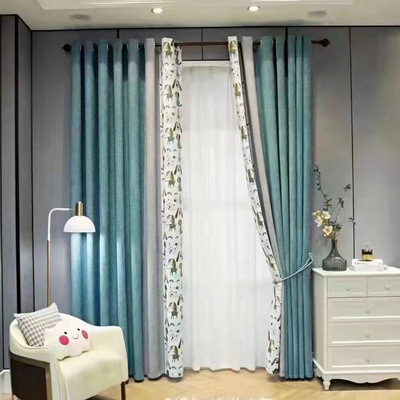 北歐現代 兒童房拼接窗簾 雪尼爾羊絨卡通小狗臥室遮光落地飄窗簾