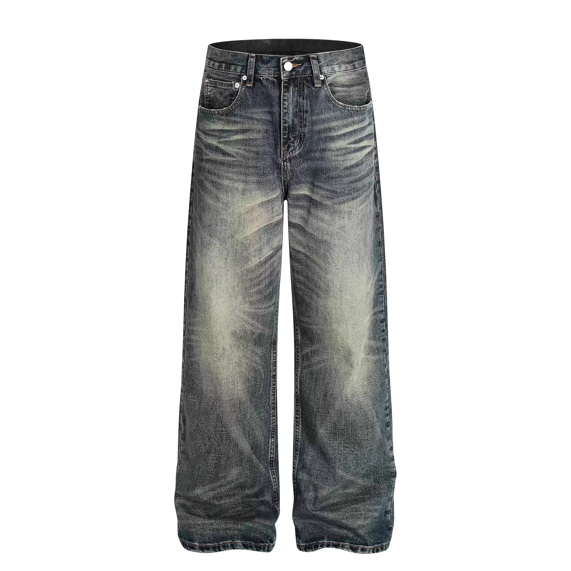 Men's Retro Street Style Distressed Washed Loose Straight Leg Cleanfit Denim Casual Trousers_mkmklike.com