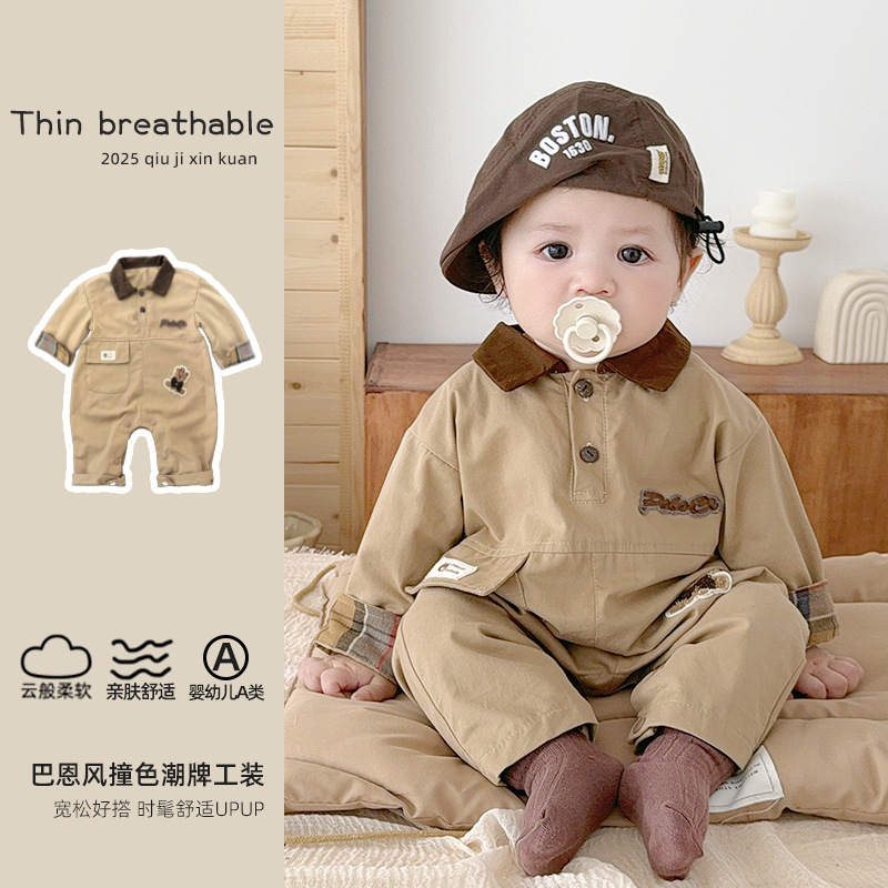 [Letter from Autumn] Autumn Barn Style Baby Jumpsuit, Pure Cotton Lapel, Trendy Outing Clothes for Male and Female Babies